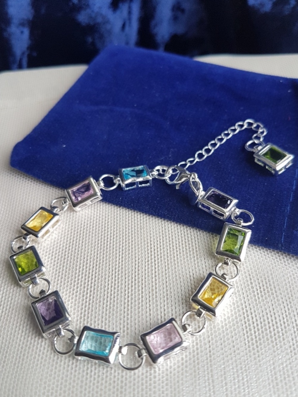 Swarovski Elements 925 Sterling Silver Rectangular Multicolor Gem Bracelet NEW